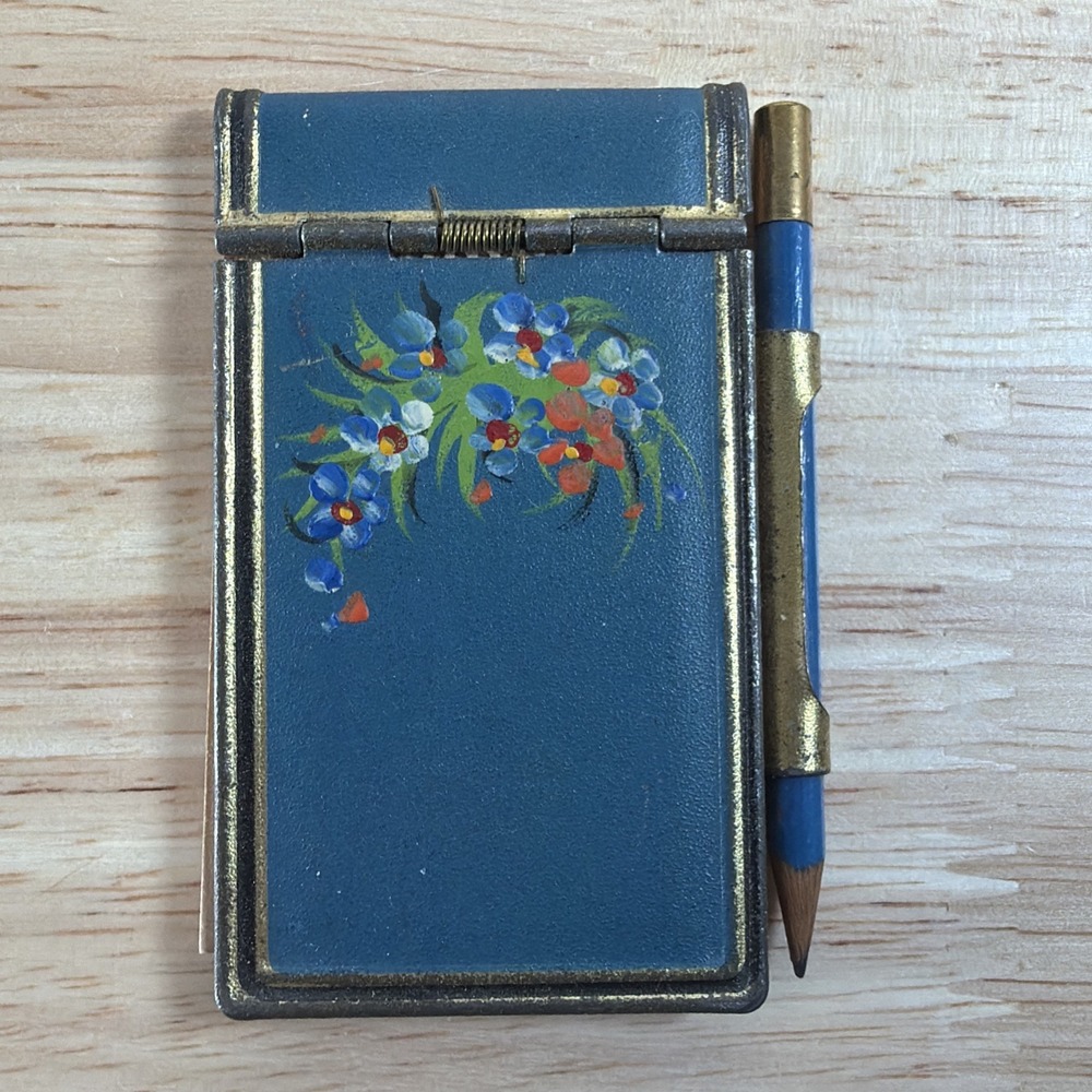 Antique Brass Miniature Notebook with Original Paper Locking Pencil Hand Painted